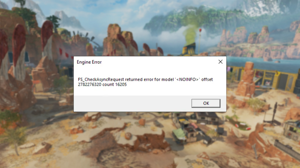 Engine Error message from Apex Legends on King's Canyon background