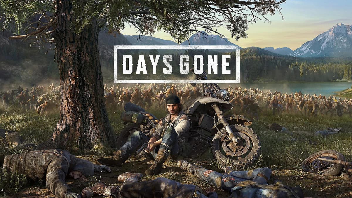 Days Gone's Deacon St. John in front of a motorcycle and Freakers.